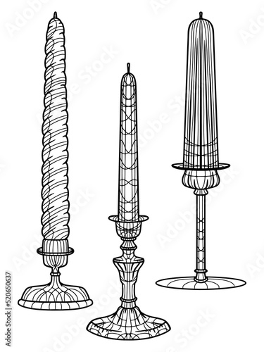 Interior decor, three candles in candlesticks isolated. Freehand sketch for adult antistress coloring page with doodle and zentangle elements.