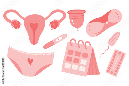 A set of stickers for menstruation, menstruation, female uterus, reproductive system. Pregnancy test, tampons, calendar, womb in cartoon vector illustration isolated on white background