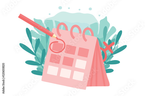 Menstrual calendar for menstruation control and pregnancy planning. Period schedule with marked days for woman and girl. Women cycle and PMS tracker.