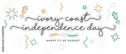 Ivory Coast independence day handwritten lettering typography calligraphy with stars, firework, confetti, and abstract Ivory Coast flag ribbon isolated on white background