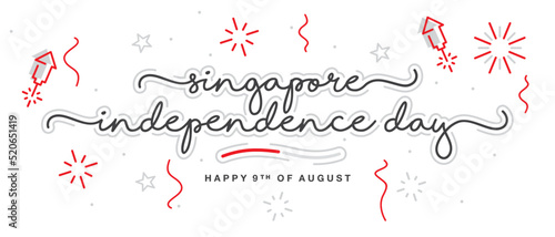 Singapore independence day handwritten lettering typography calligraphy with stars, firework, confetti, and abstract Singapore flag ribbon isolated on white background