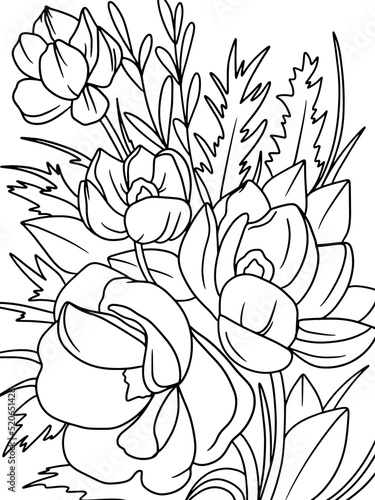 Coloring book, black stroke, white background. Bouquet of decorative flowers.