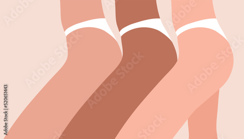 Three women in underwear with different skin colors stand sideways. Body positive and diversity concept. Female body. Flat cartoon vector illustration. Isolated background. 