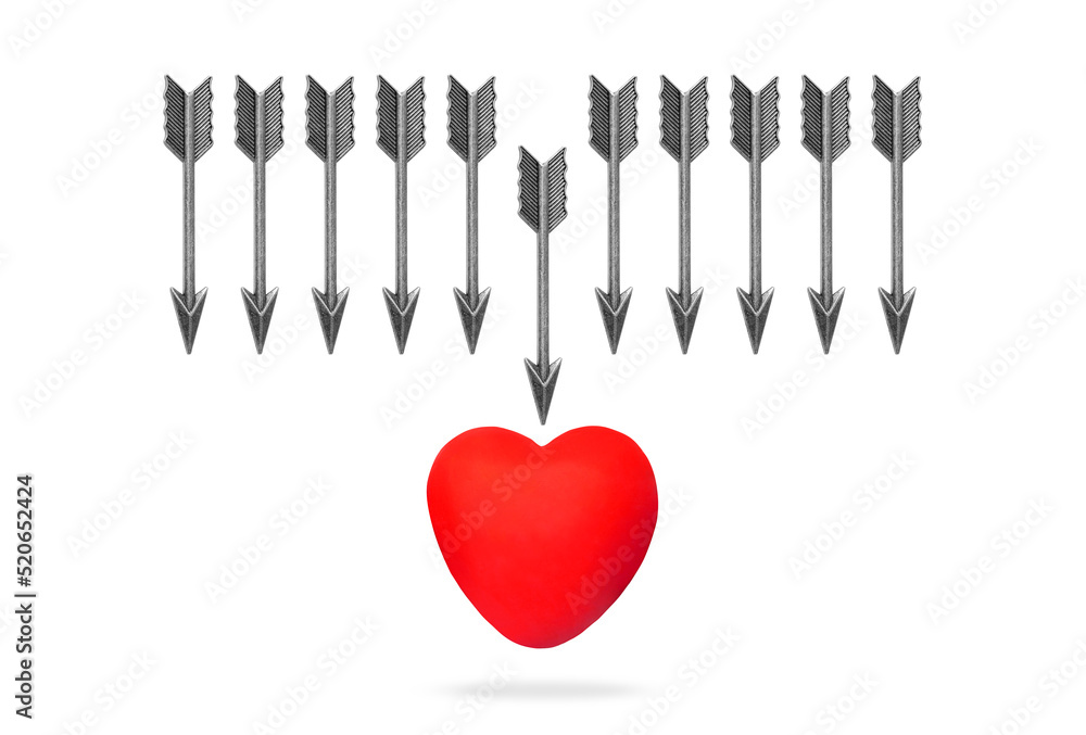 Bow arrows attacking a red heart isolated on white Bow arrows attacking a red heart isolated on white