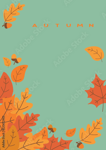 Multicolored autumn leaves and acorns on a blue background. Frame for decoration. Abstract nature background. Vector illustration design.