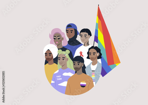 A diverse group of modern millennials with a rainbow flag drawn in a circle, people wearing LGBTQ community signs and symbols