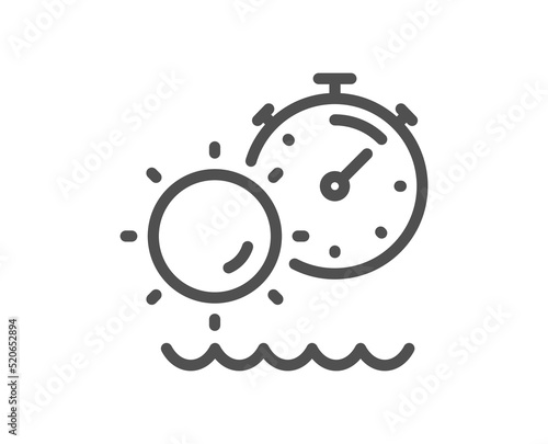 Tanning time line icon. Uv sun protect sign. Sunscreen effect symbol. Quality design element. Linear style tanning time icon. Editable stroke. Vector
