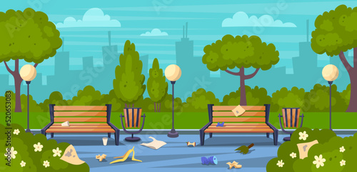 Cartoon Color Garbage in City Park Landscape Scene Environment Pollution Concept Flat Design Style. Vector illustration