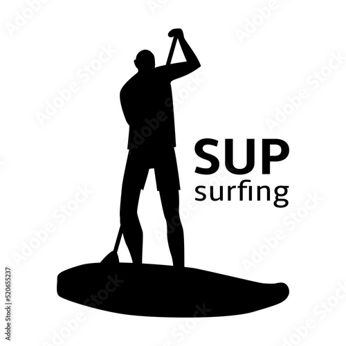 Stand Up Paddle. Silhouette of a surfer with a paddle. Emblem, badge, logo. Vector illustration.