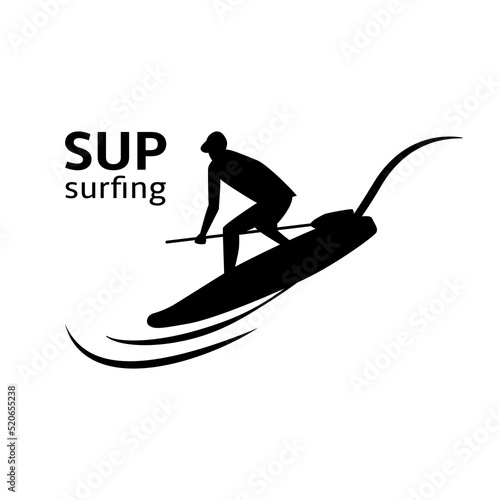 Stand up paddling. Silhouette of a surfer with a paddle. Emblem, badge, logo. Vector illustration.