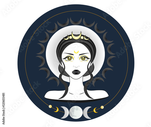 Triple goddess symbol of moon phases. Wiccan woman icon. Hekate, mythology, wicca, witchcraft. Triple Moon Religious Wiccan sign. Crescent, half and full moon. Printing of posters, cover etc. 