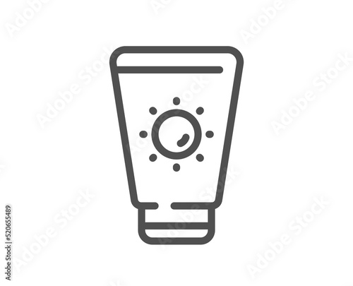 Sunscreen line icon. Sun cream sign. Sunblock lotion symbol. Quality design element. Linear style sunscreen icon. Editable stroke. Vector