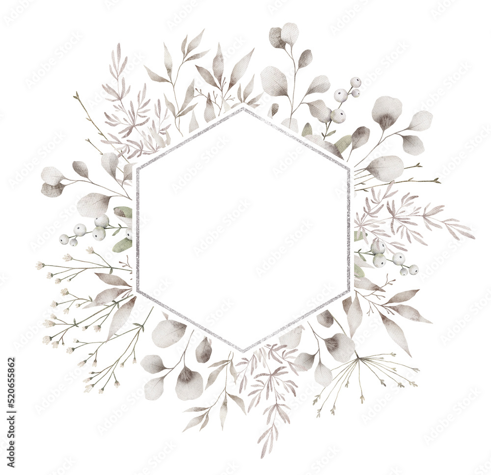 Watercolor wreath with white wild leaves, twigs, winter mistletoe berries. Floral wreath, botanical wedding invitation. Ethereal leaves, branches. 