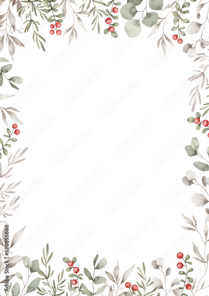 Watercolor frame with green eucalyptus leaves, twigs, winter red berries. Floral wreath, botanical wedding invitation. Ethereal leaves, branches, cranberry. Watercolor frame with green eucalyptus leaves, twigs, winter red berries. Floral wreath, botanical wedding invitation. Ethereal leaves, branches, cranberry.