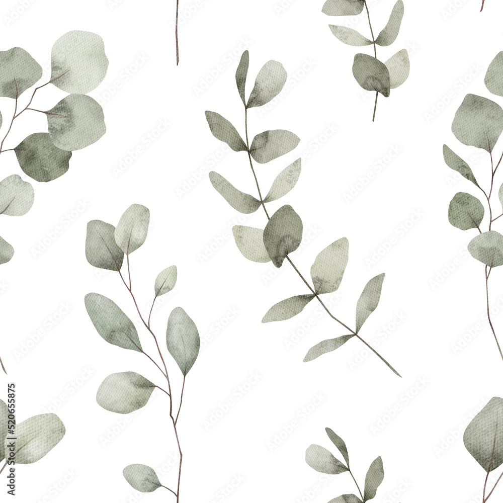 Watercolor seamless pattern with green eucalyptus leaves, twigs. Wild plants, grass. Nature floral background