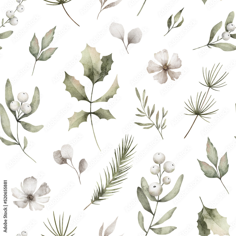 Obraz premium Watercolor seamless pattern with green leaves, twigs. Wild winter plants, berries, grass. Nature floral background
