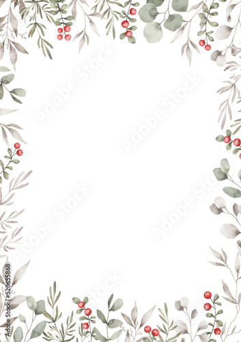 Watercolor frame with green eucalyptus leaves, twigs, winter red berries. Floral wreath, botanical wedding invitation. Ethereal leaves, branches, cranberry.