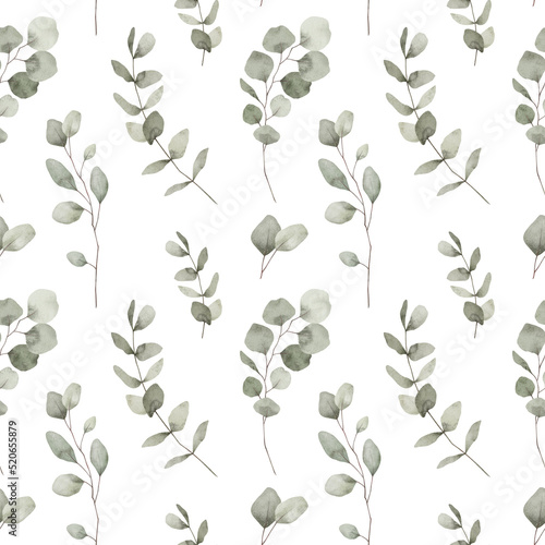 Watercolor seamless pattern with green eucalyptus leaves, twigs. Wild plants, grass. Nature floral background