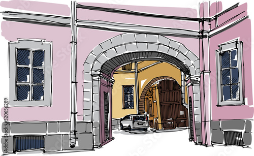 Quiet courtyard in the old town - hand-drawn sketch