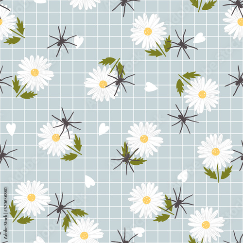 joke prank cute wrapping paper for friends, gift cover funny design with white daisy flowers and black spiders, spider lover insect seamless pattern print