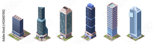 Isometric skyscrapers buildings collection. Set of business office and commercial towers. City development in 3D design. Finance cityscape architecture, street elements for map. Vector illustration