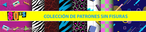 Colección de patrones sin fisuras de los años 80 | Conjunto de gráficos vectoriales vívidos abstractos en estilo retro vintage para prendas de vestir y textiles. Cebra, tigre, leopardo, ajedrez, suelo