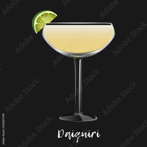 Alcoholic cocktail daiquiri on black background. Bar drink, beverage in glass for menu. Vector illustration