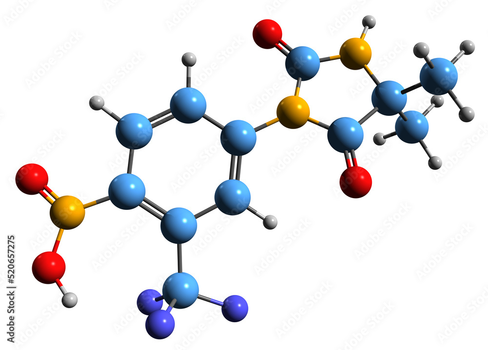 3D image of Nilutamide skeletal formula - molecular chemical structure of nonsteroidal antiandrogen isolated on white background 3D image of Nilutamide skeletal formula - molecular chemical structure of nonsteroidal antiandrogen isolated on white background