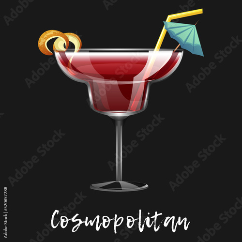 Alcoholic cocktail cosmopolitan on black background. Bar drink, beverage in glass for menu. Vector illustration