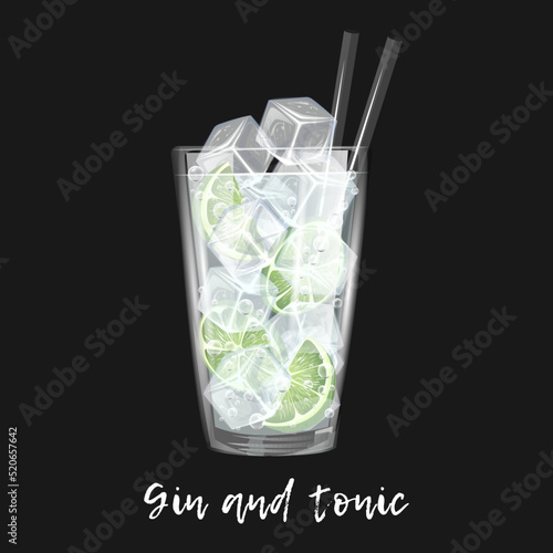 Alcoholic cocktail gin and tonic on black background. Bar drink in glass for menu. Vector illustration