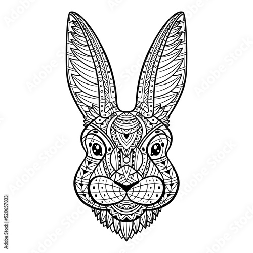 Rabbit head line art coloring. Hare bunny portrait. Line Art. Black and white rabbit. Animal head. Hand-drawn with an ethnic floral pattern. Boho, doodle style. Vector illustration. Isolated portrait