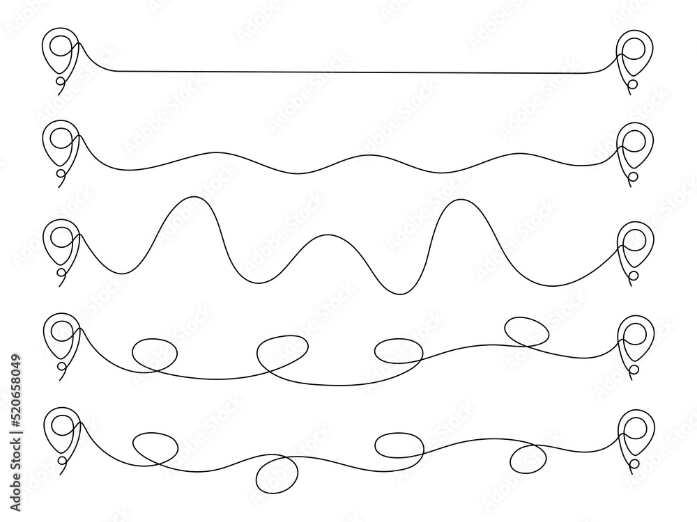 Location pointer continuous one line drawing set. GPS navigation line route mark collection. Vector illustration isolated on white.	