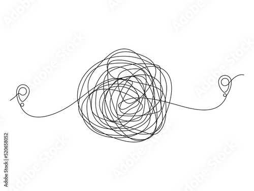 Location pointer continuous one line scribble drawing. Difficult chaotic tangled way. GPS navigation line route mark. Vector illustration isolated on white.	