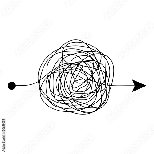 Messy scribble arrow line route. Difficult arrow way. Vector isolated on white.