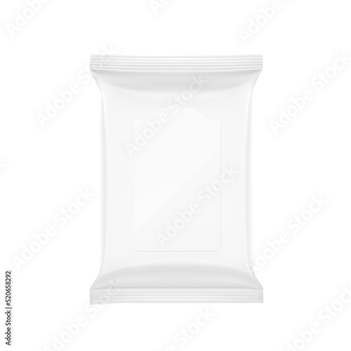 Realistic wet wipes pack mockup with plastic flap. Front view. Vector illustration isolated on white background. Ready template for your design. EPS10.
