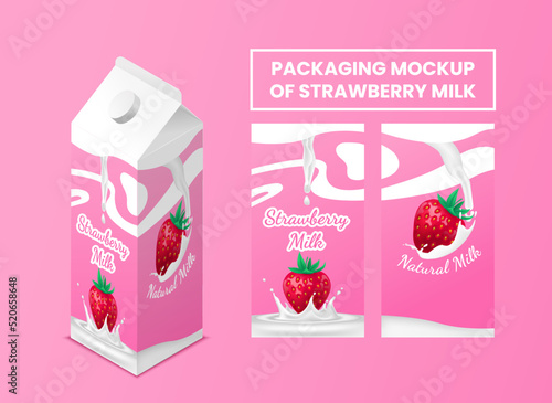 Set of 3D design strawberry milk packages of cardboard paper. Food packaging mockup for drinks. Realistic vector illustration for branding. Whole strawberry. Fresh  berry with liquid splash. 