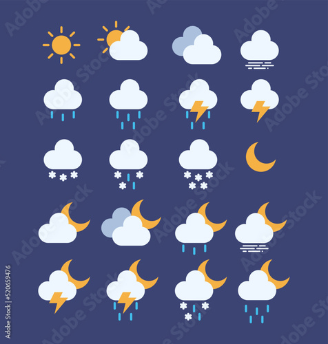 Set of weather flat minimalistic simple icons for meteo forecast meteorology in vector format with transparent alpha background - Sun, rain, cloud, fog, sunny, cloudy, foggy, snow, storm, rain, rainy