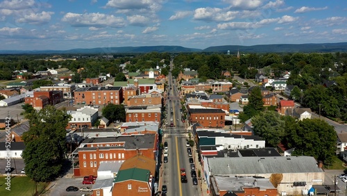 Low aerial view of main street usa, Charles Town, West Virginia, WV on a beautiful sunny day. photo