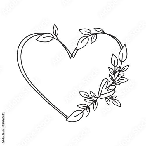 Hand drawn floral wreath with heart and leaves.