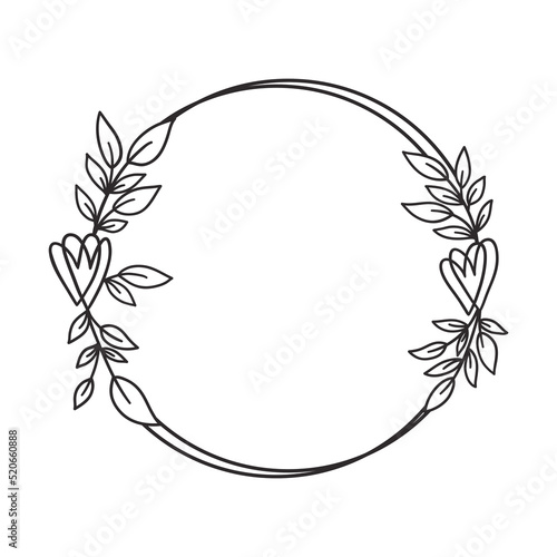 Hand drawn floral wreath with heart and leaves.