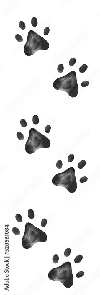 Watercolor paw claw animal footprint step trace illustration silhouette steps traces isolated on white background.
