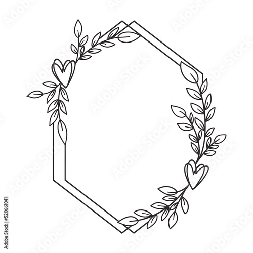 Hand drawn floral wreath with heart and leaves.