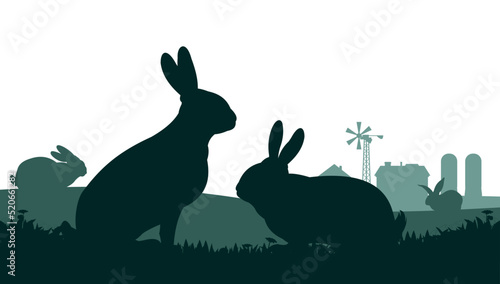 Rabbits are grazing. Picture silhouette. Rural landscape with farmers house. Farm pets. Fur animals. Isolated on white background. Vector