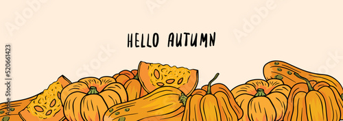 Autumn banner design with different pumpkins. Template with seasonal vegetables on beige background. Hello Autumn brush lettering