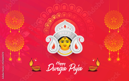 Happy Durga Puja Festival Celebration Greeting Background Template Design with Goddess Durga Face Illustration photo