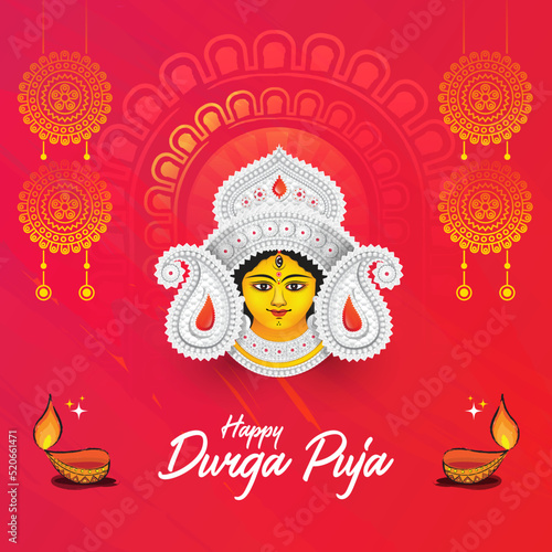 Happy Durga Puja Festival Celebration Greeting Background Template Design with Goddess Durga Face Illustration
