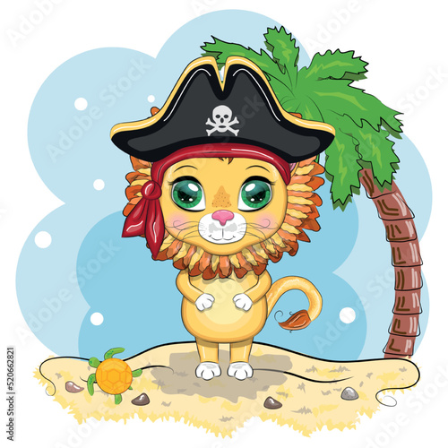 Lion pirate, cartoon character of the game, wild animal cat in a bandana and a cocked hat with a skull, with an eye patch. Character with bright eyes