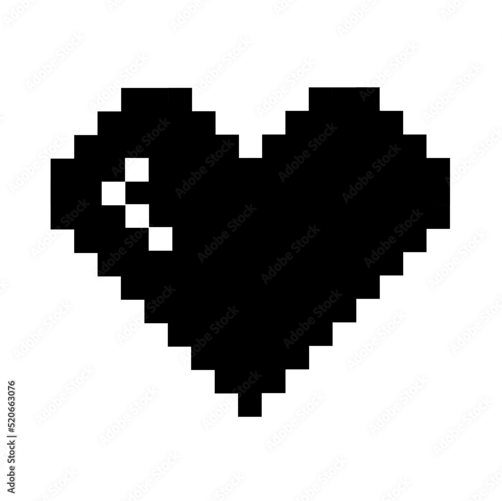 Pixel black heart for computer games. Life strip. Filling level of the heart. Health scale. Vector illustration.