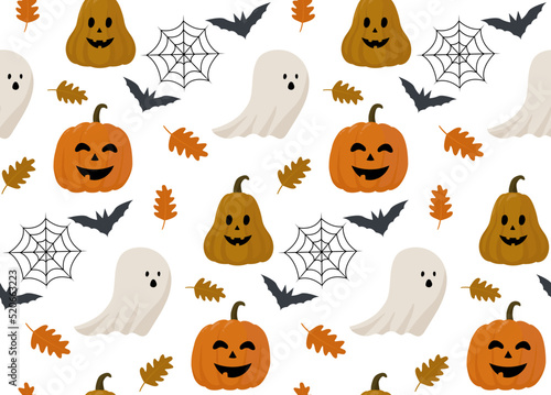 Fototapeta Naklejka Na Ścianę i Meble -  Halloween Seamless Pattern. Ghost and Pumpkin Floral Cartoon Seamless Pattern