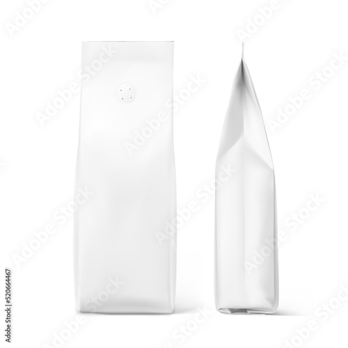 Realistic coffee bag mockup set. Front and side views. Vector illustration isolated on white background. Can be use for your design, presentation, promo, ad. EPS10.	